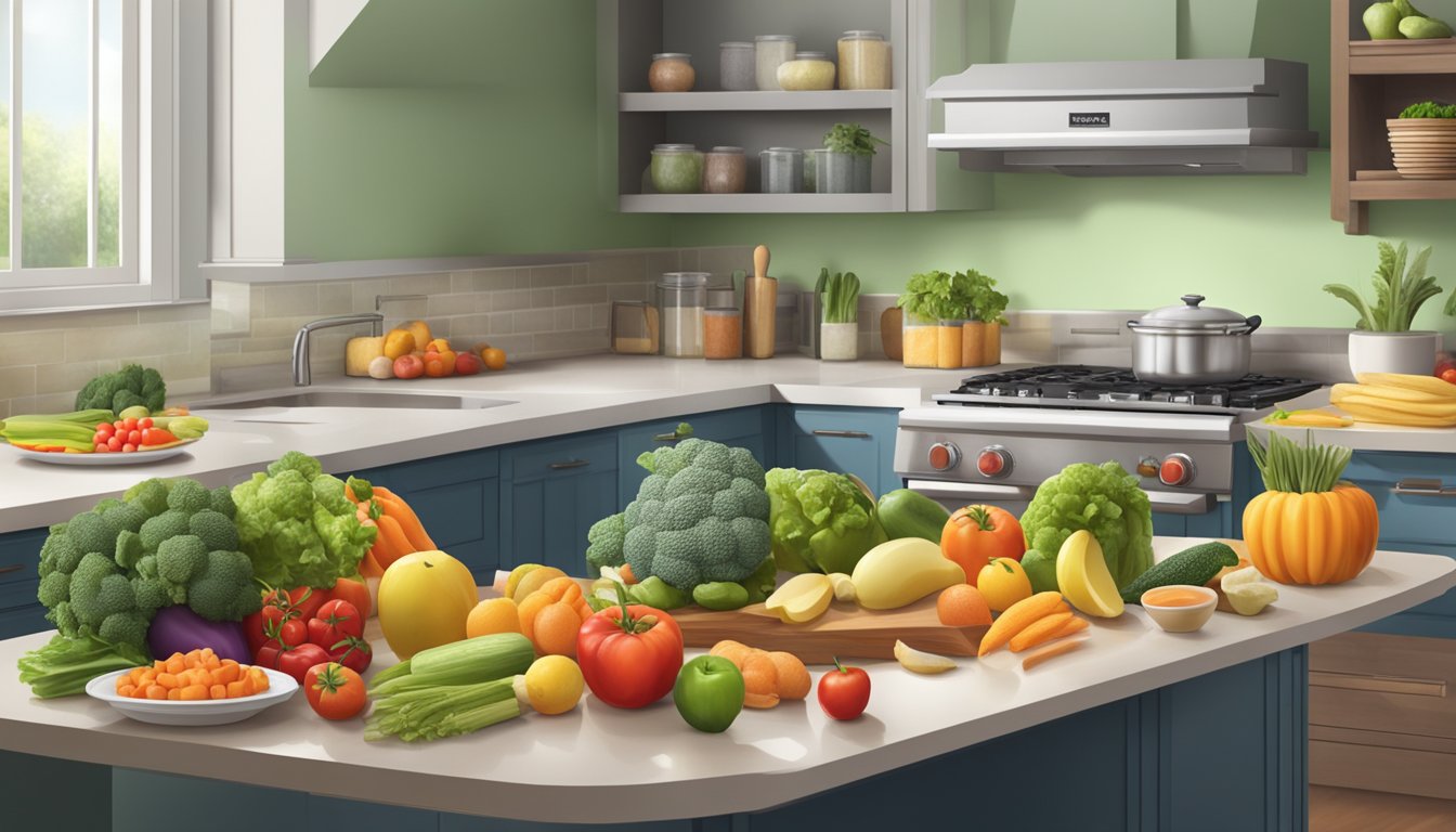 A kitchen counter with unhealthy foods being pushed aside, while fresh fruits and vegetables take center stage for cooking