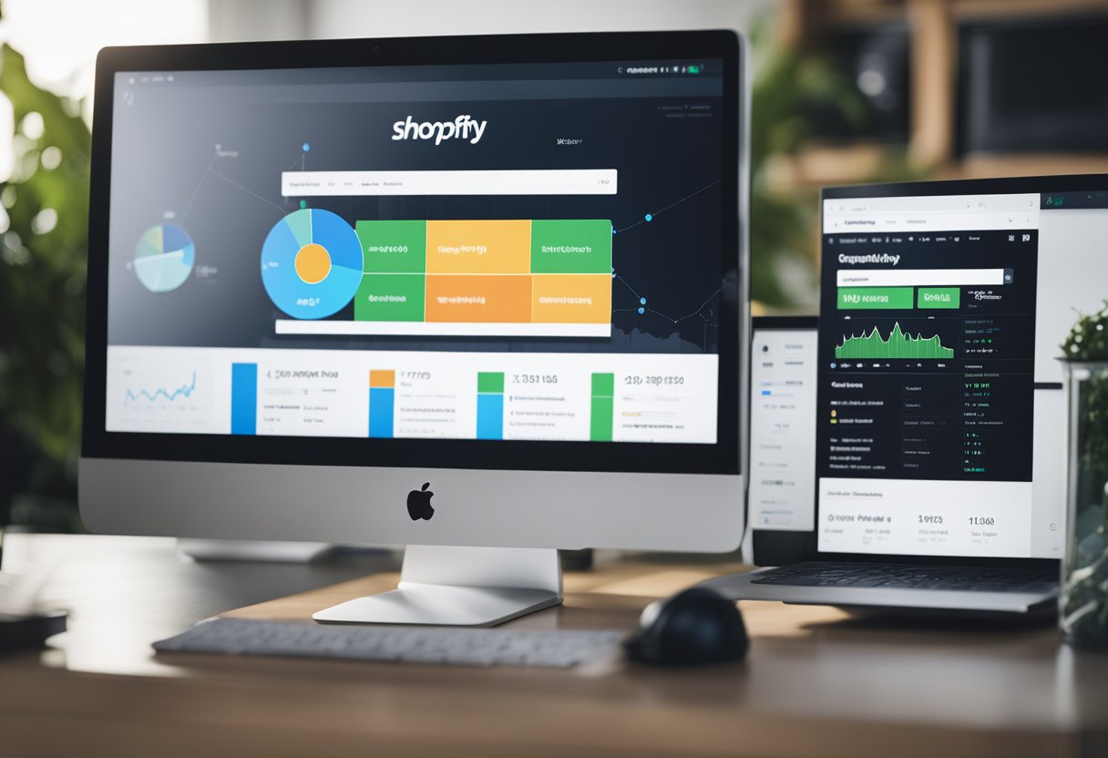 A computer screen displaying multiple successful Shopify websites with analytics data and improvement strategies