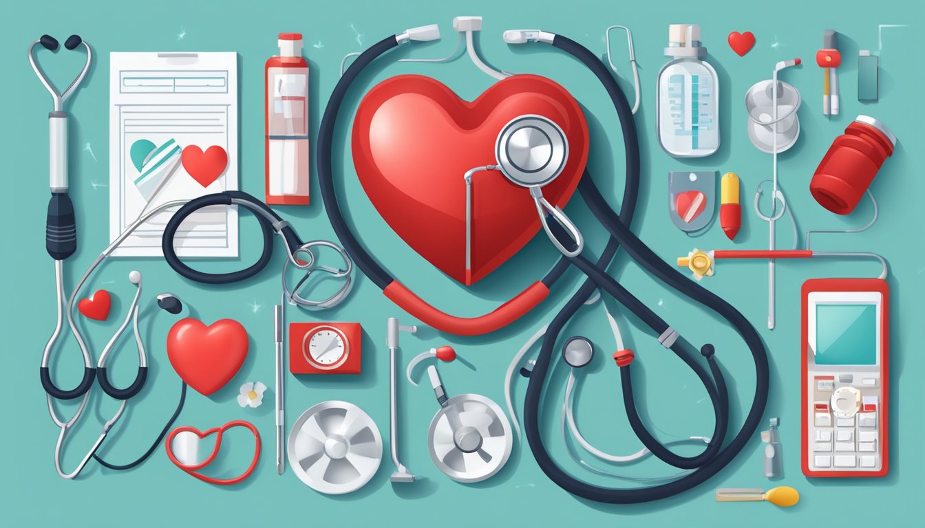 A red heart surrounded by medical equipment and a stethoscope, symbolizing critical illness coverage for heart disease