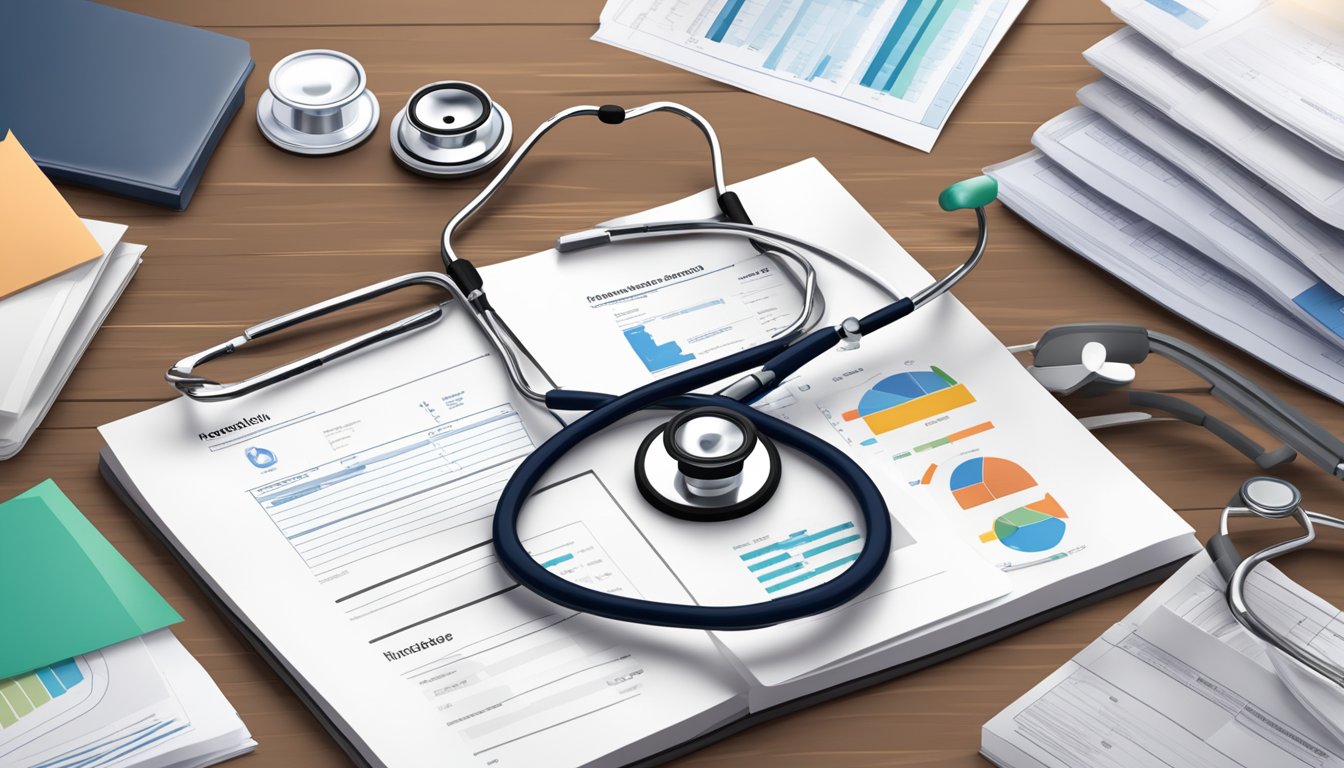 A stethoscope resting on a desk next to an open medical file, with a heart-shaped diagram and insurance policy documents