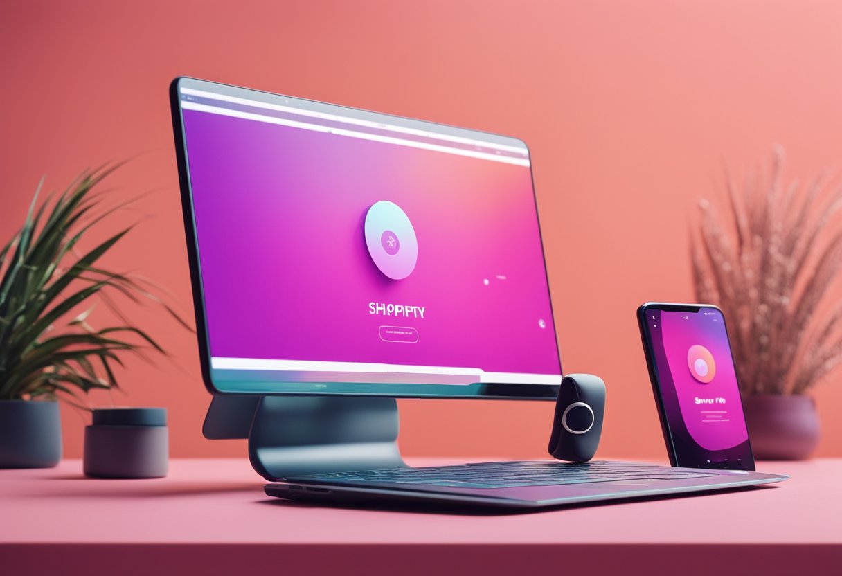 A futuristic, sleek and minimalist Shopify website interface with bold colors and dynamic animations, showcasing cutting-edge design trends for 2023