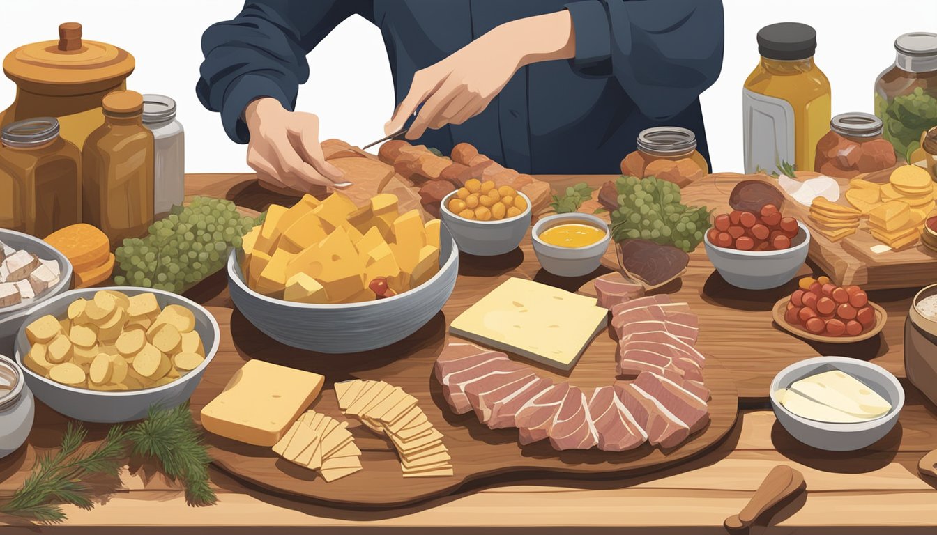 A person arranging an assortment of meats, cheeses, fruits, and crackers on a wooden board, with jars of mustard and honey nearby