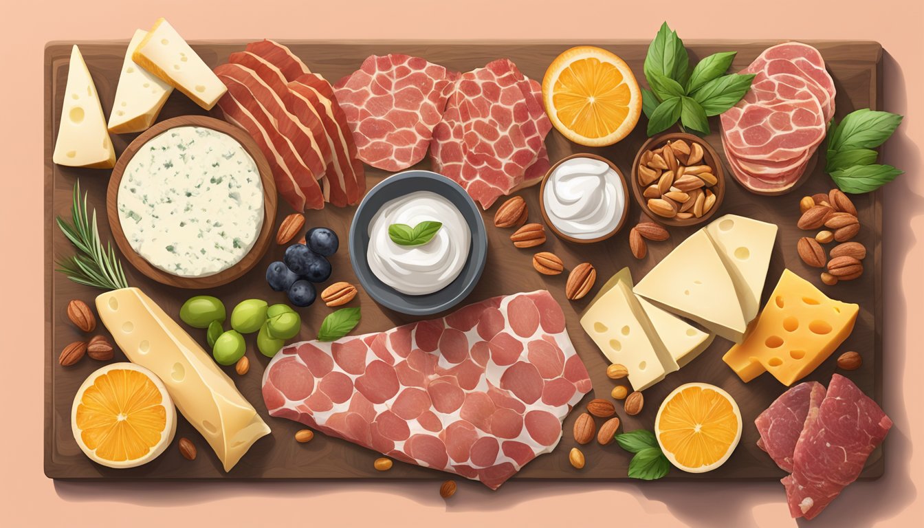 A wooden cutting board with an array of cured meats, cheeses, fruits, nuts, and spreads arranged in an artful display