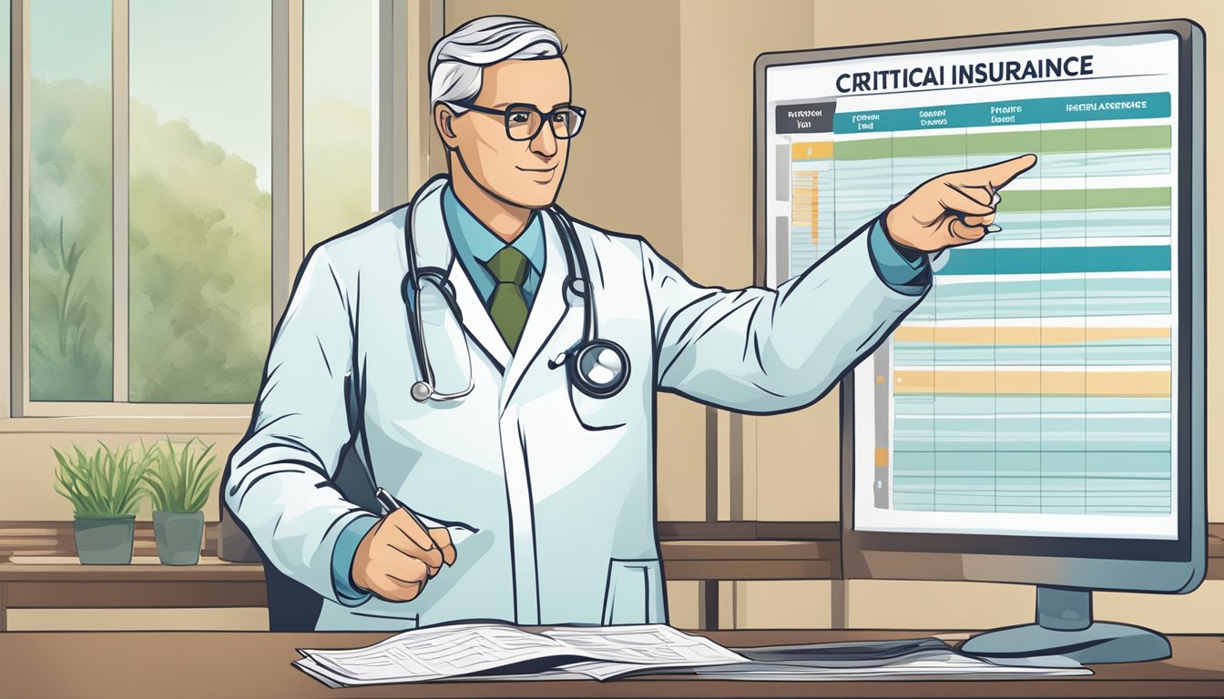 A doctor pointing to a chart showing critical illness insurance benefits for prostate cancer