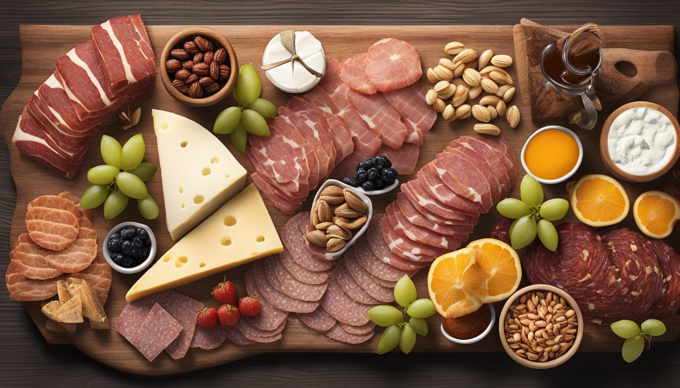 A variety of cured meats, cheeses, fruits, nuts, and spreads arranged on a rustic wooden board. A mix of colors, shapes, and textures create an enticing display