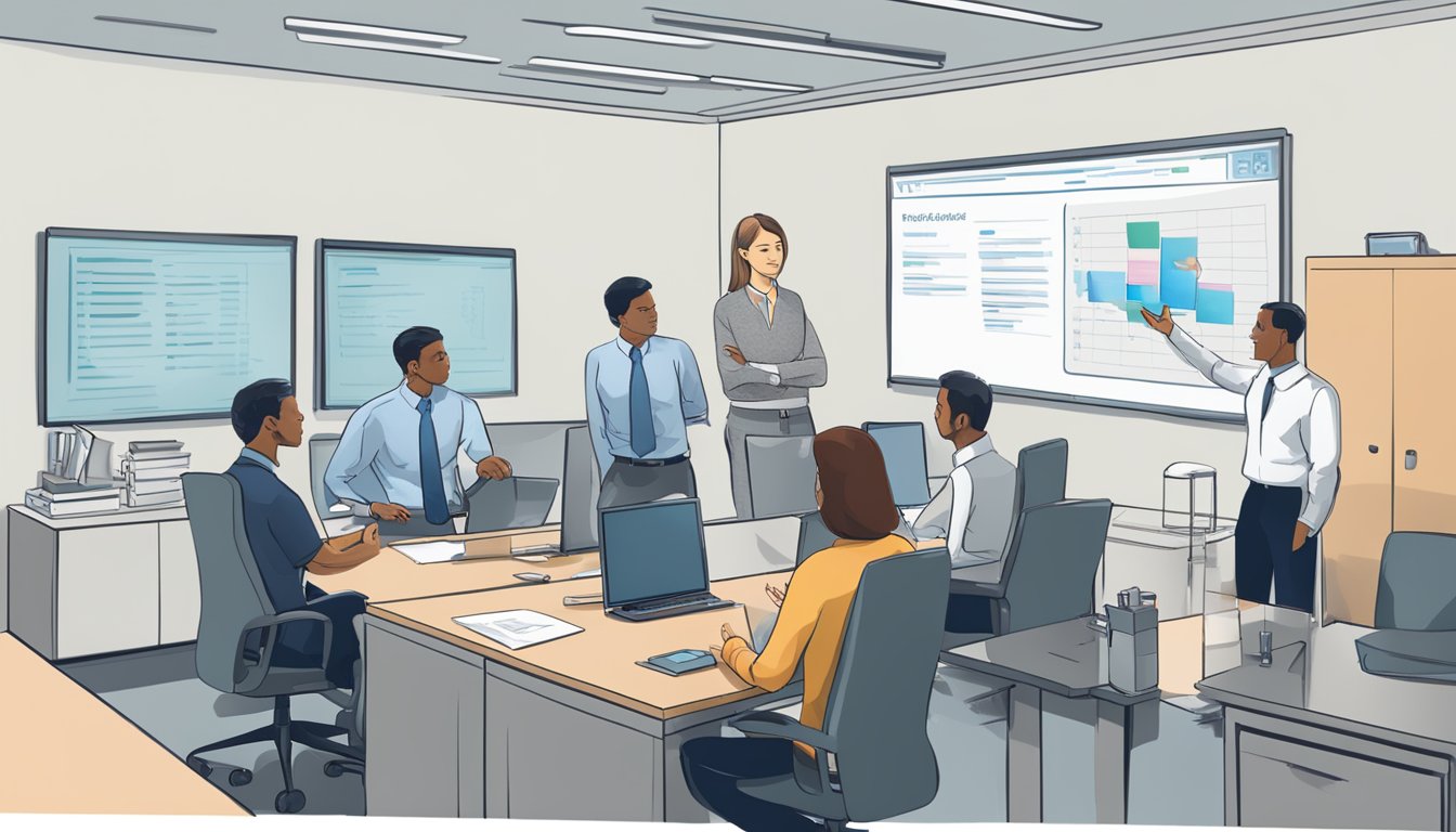 An office setting with a group of employees and their employer discussing critical illness insurance, with a list of exclusions displayed on a screen or whiteboard