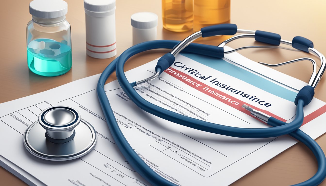 A stethoscope resting on a table next to a bottle of medication and a pamphlet on critical illness insurance for heart disease patients