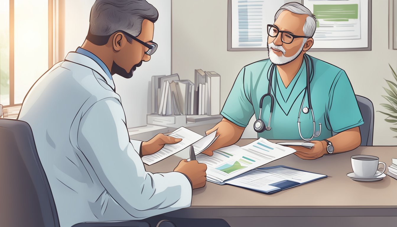 A doctor discussing critical illness insurance options with a patient diagnosed with prostate cancer. The doctor is holding a brochure and pointing to different coverage options