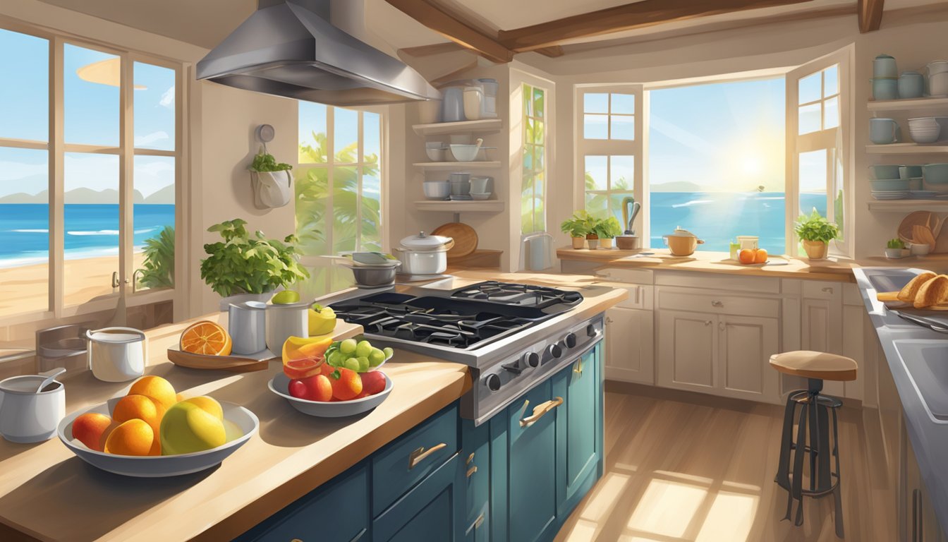 A beach house kitchen with sunlight streaming in, a sizzling pan on the stove, a table set with fresh fruit, toast, and coffee