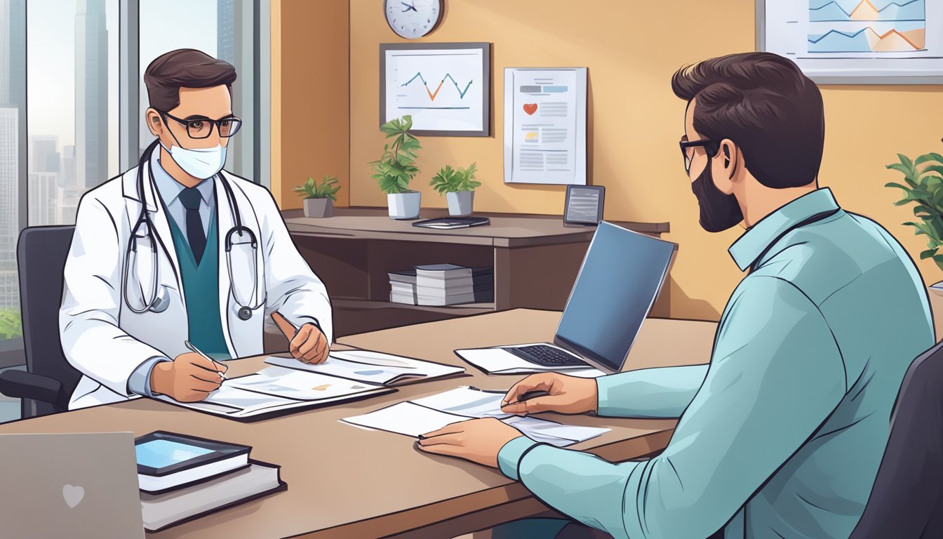 A doctor presenting critical illness insurance options for heart disease to a concerned patient in a modern office setting