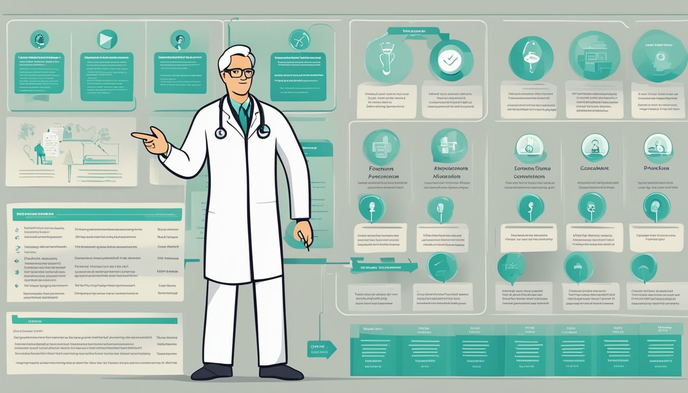 A doctor pointing to a chart showing critical illness insurance options for prostate cancer patients