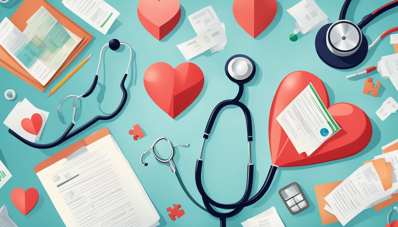 A red heart-shaped puzzle piece surrounded by paperwork and a stethoscope, symbolizing critical illness insurance for heart disease