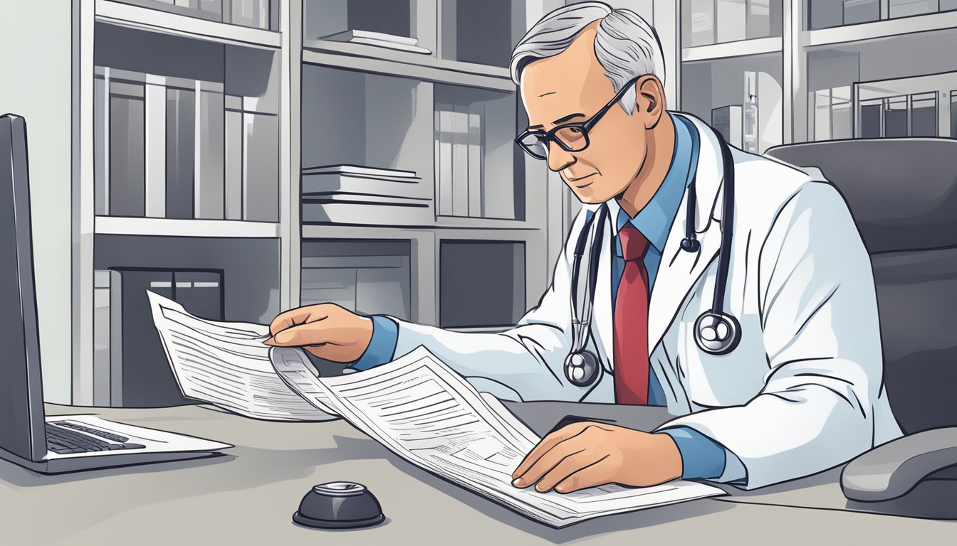 A doctor reviewing legal documents on critical illness insurance related to heart disease