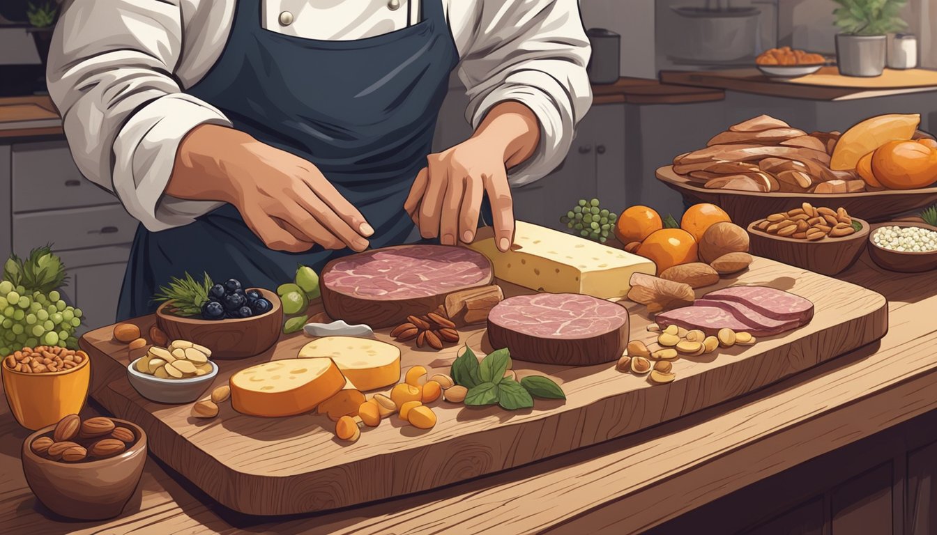 A chef assembles a charcuterie board, arranging meats, cheeses, fruits, and nuts on a wooden platter while explaining the process of cooking and hosting