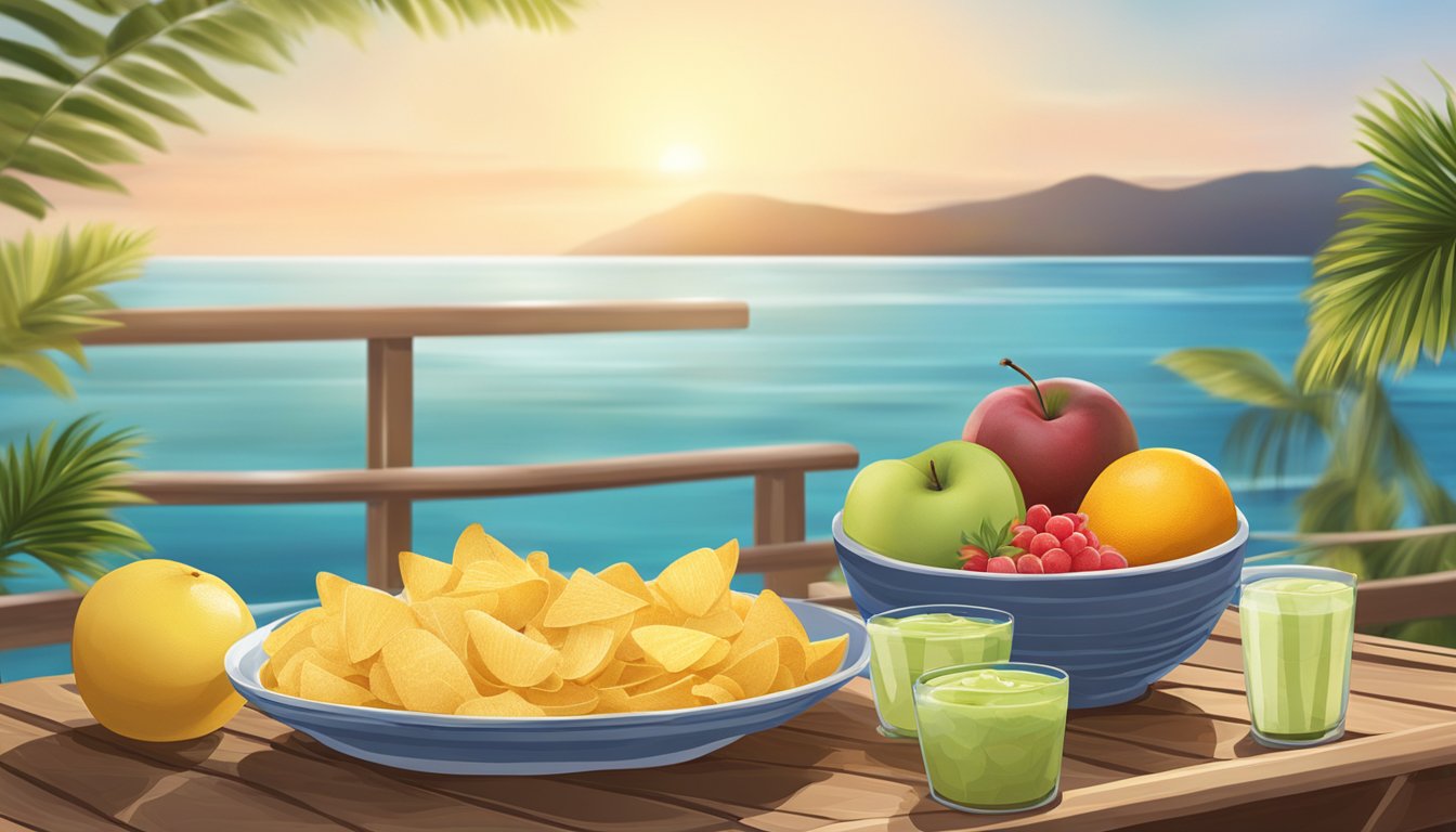 A table set with fresh fruit, chips, and dip sits on a wooden deck overlooking the ocean