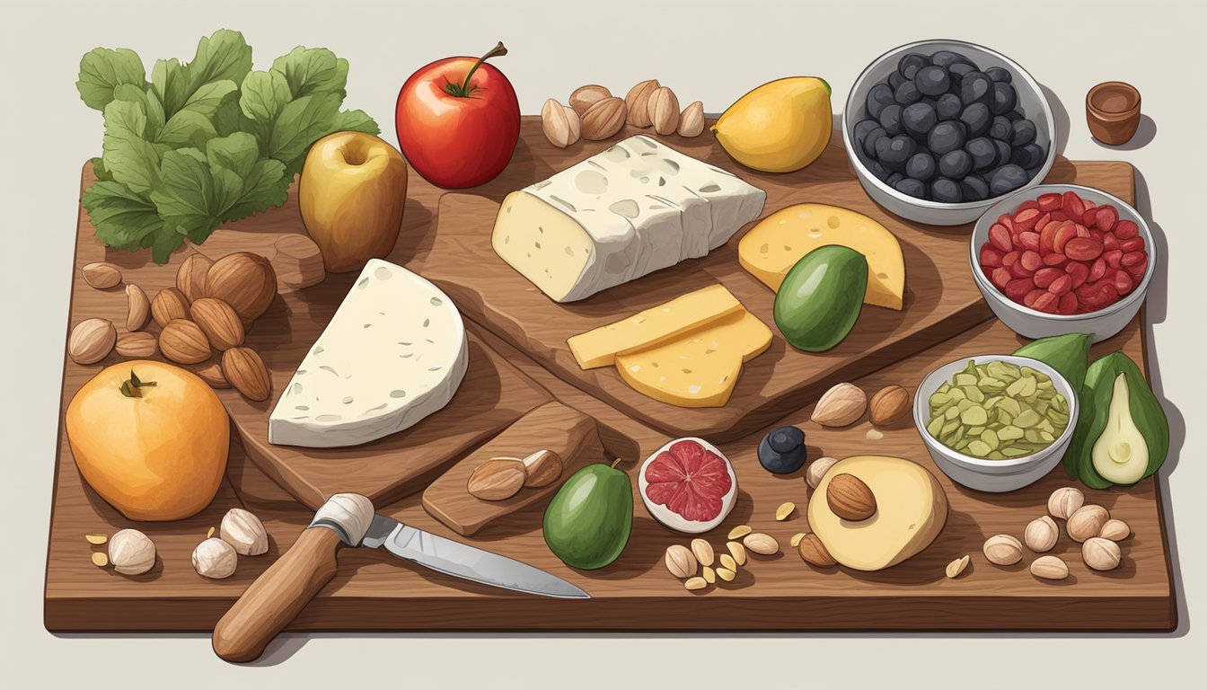 Various meats, cheeses, fruits, and nuts arranged on a wooden board. A chef's knife, cutting board, and small bowls of condiments nearby