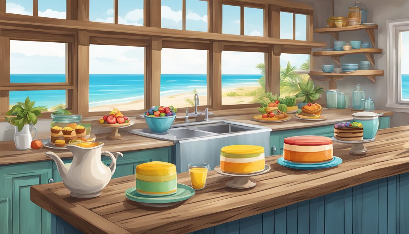 A beach house kitchen with a view of the ocean, a rustic wooden table set with an assortment of colorful and delicious desserts