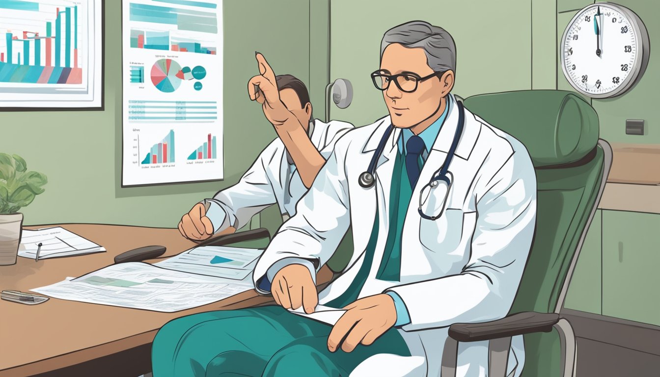 A doctor discussing critical illness coverage with a patient diagnosed with thyroid cancer. The patient is sitting in a chair, while the doctor is pointing to a chart showing financial aspects of the coverage