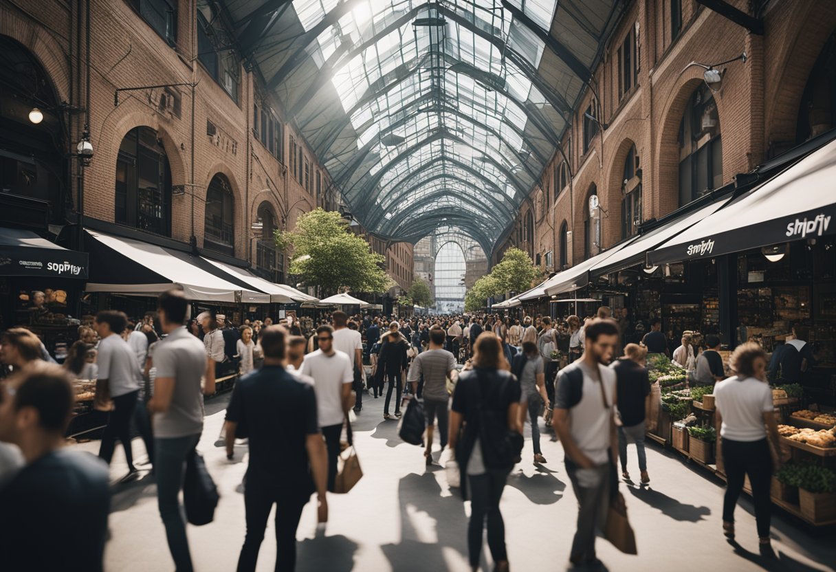 A bustling marketplace with various enterprise-level businesses showcasing their products and services. The Shopify Plus logo prominently displayed above the crowd