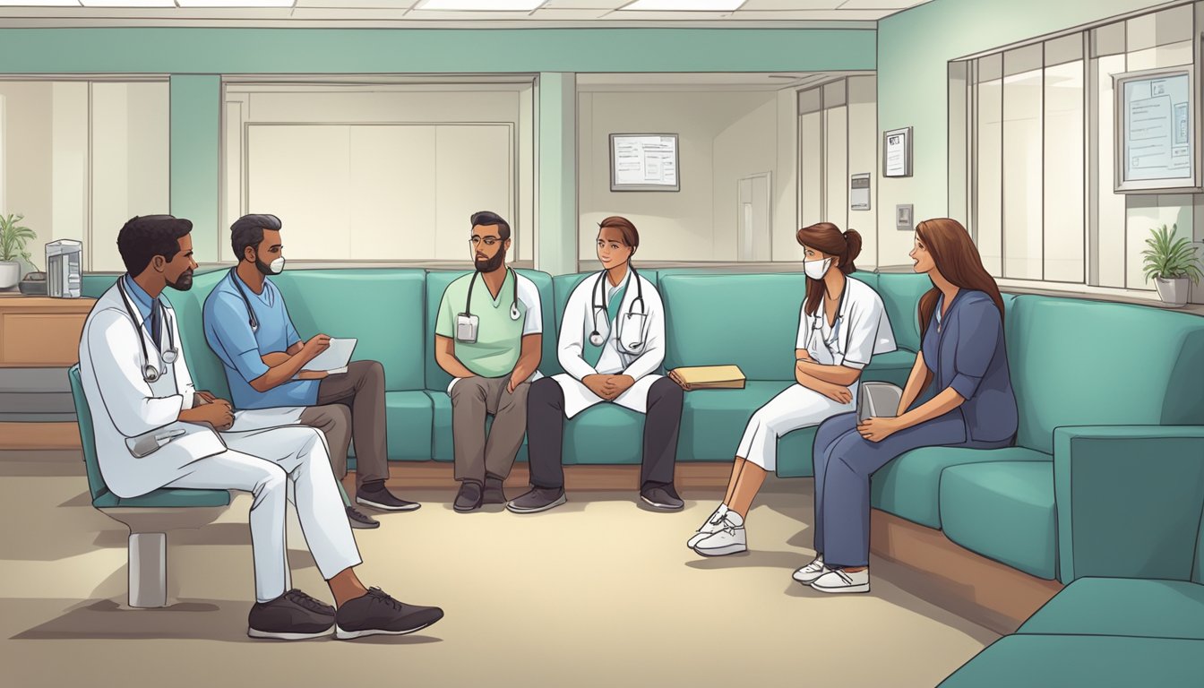 A doctor discussing critical illness coverage with a concerned family in a hospital waiting room