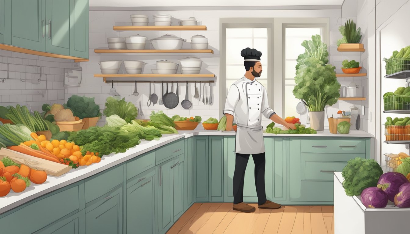 A kitchen with a variety of fresh produce, reusable containers, and compost bins. A chef prepares meals using whole ingredients and minimal packaging waste