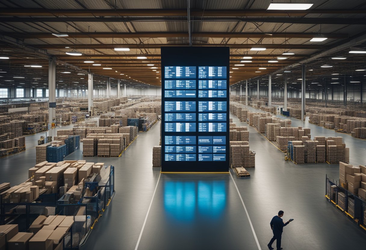 A bustling warehouse with workers managing inventory and packaging orders for shipment, while a large digital screen displays analytics and sales data for an enterprise-level business