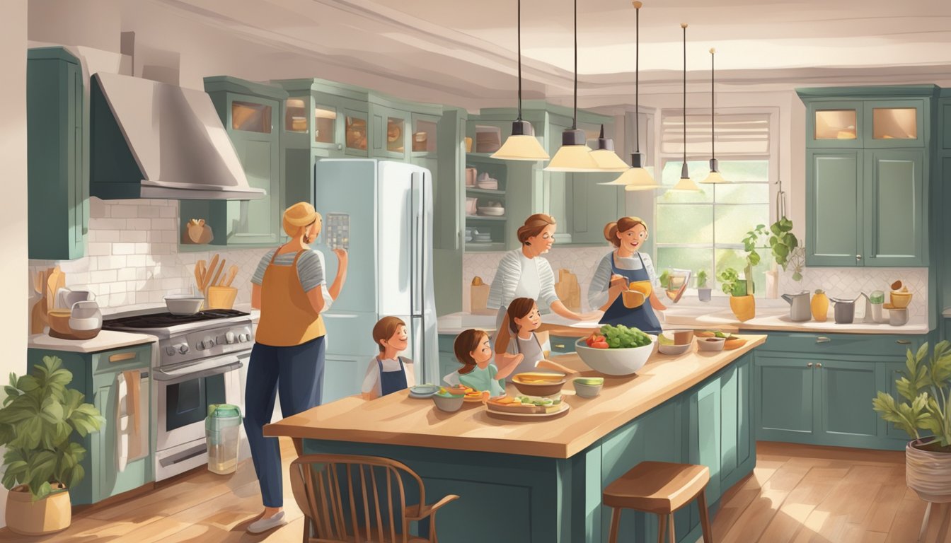 A cozy kitchen with a parent and adult children cooking together, sharing laughter and creating new memories