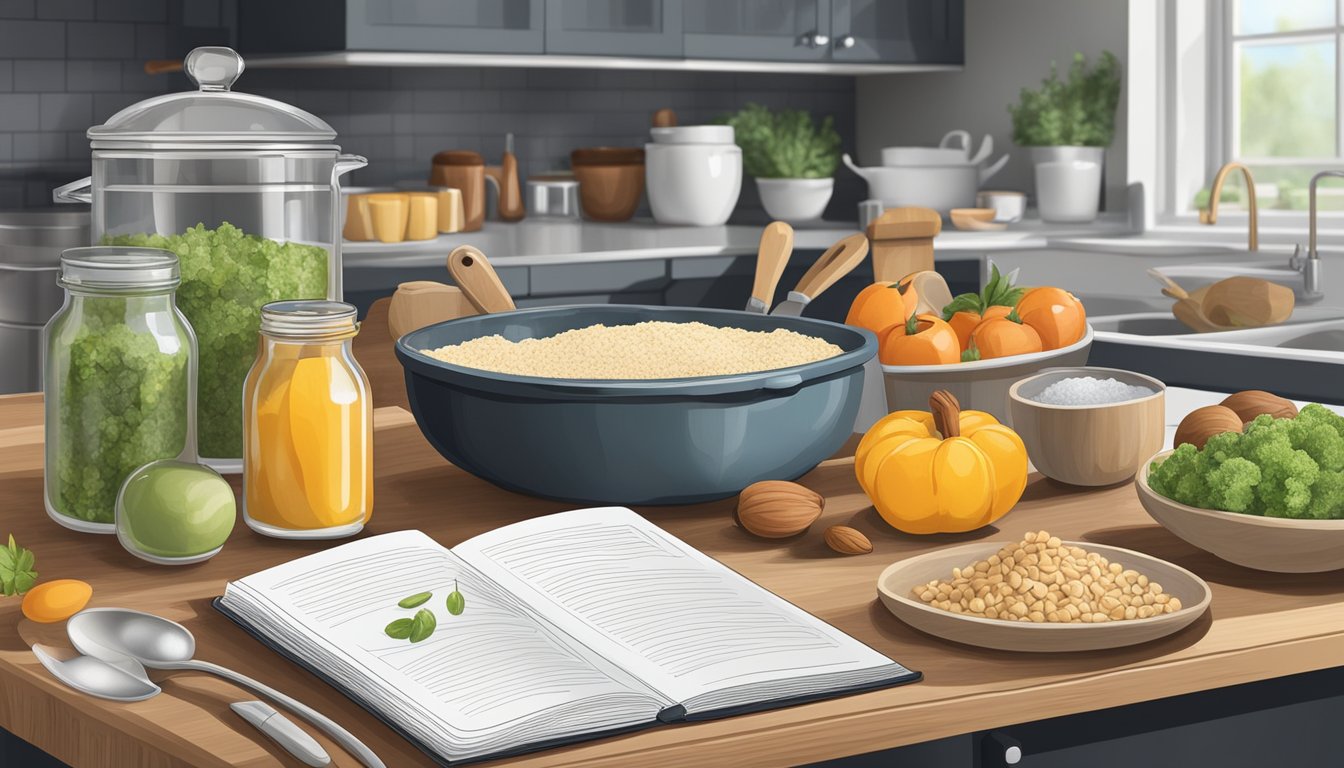 A kitchen counter with various ingredients and utensils, including a prominently displayed nut-free cookbook