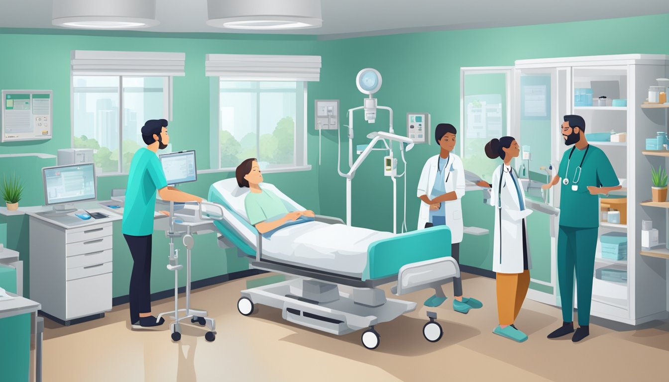 A hospital room with a patient's bed surrounded by medical equipment and a doctor discussing critical illness insurance with the patient's family