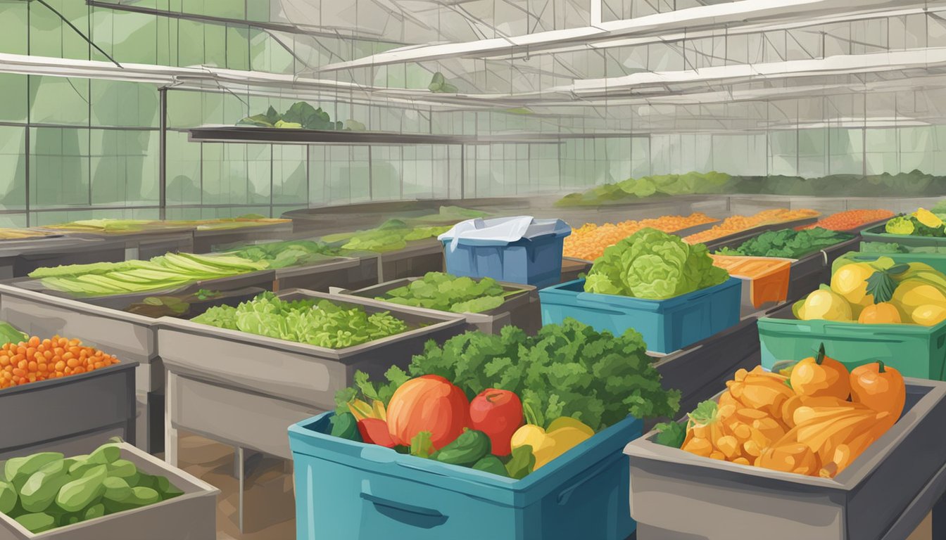 Fresh produce being washed and chopped, while scraps are collected for compost. Reusable containers and cloth bags are used for storage and shopping