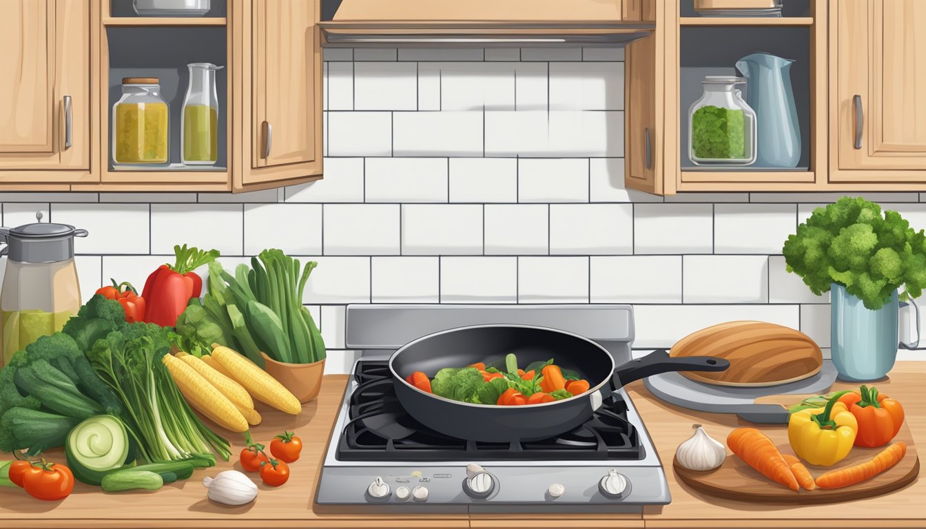 A kitchen counter with fresh vegetables, a cutting board, and a skillet on a stove, with a cookbook open to a healthy recipe