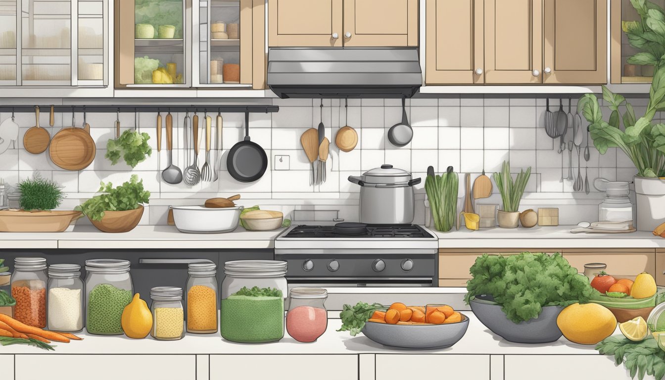 A clean, organized kitchen with a variety of fresh ingredients laid out on the counter, alongside a notebook filled with meal plans and recipes