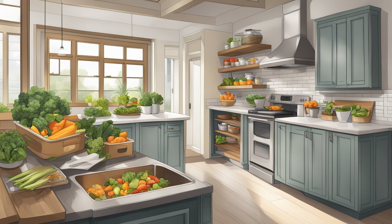 A kitchen with reusable containers, compost bin, and fresh produce scraps being repurposed for cooking