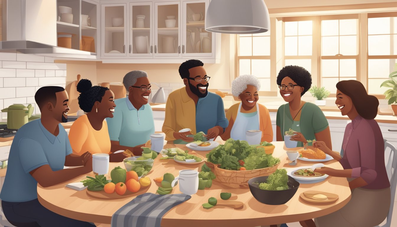 A group of diverse individuals gather around a kitchen table, sharing recipes and laughter as they support each other through the transition of adjusting to an empty nest