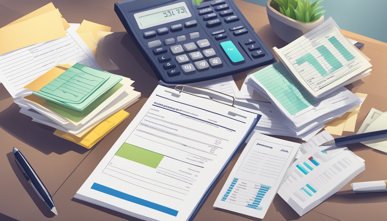 A stack of insurance policy documents with a calculator and payment receipts on a desk