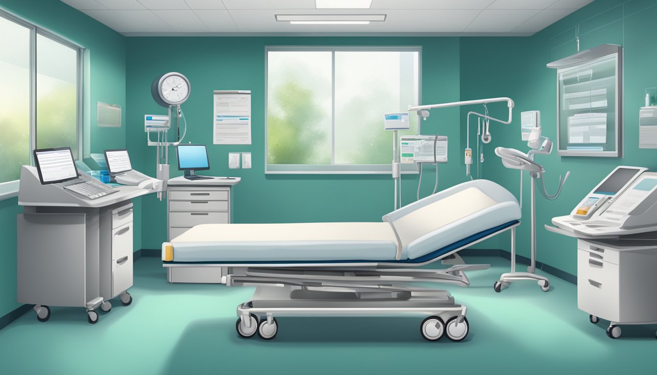 A hospital bed surrounded by medical equipment and a clipboard with insurance details