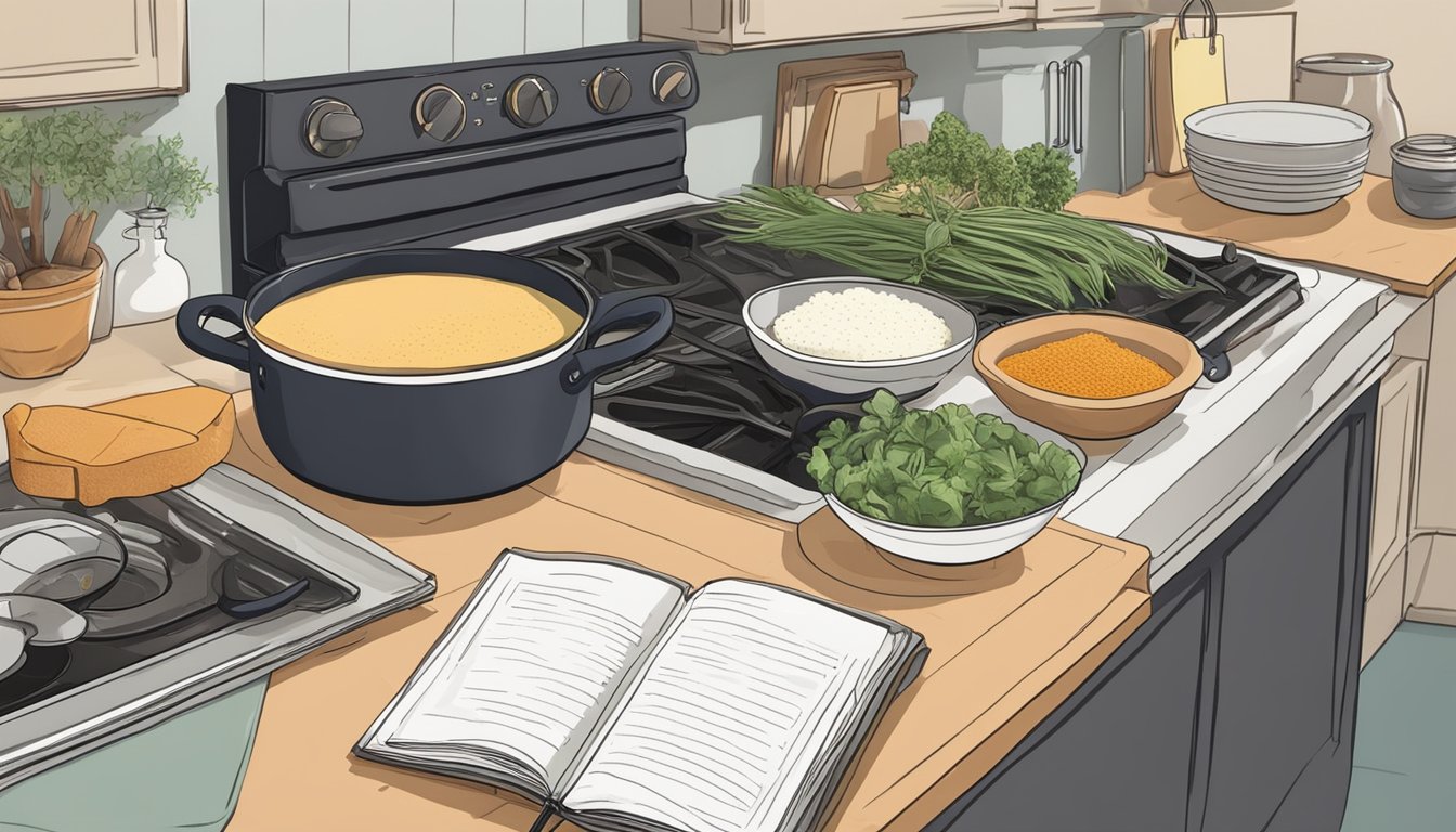 A kitchen counter with five ingredients laid out, a pot on the stove, and a cookbook open to a recipe page