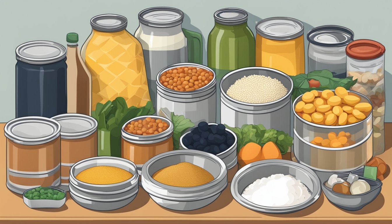 A kitchen counter with canned goods, dry ingredients, and non-perishable items laid out for cooking