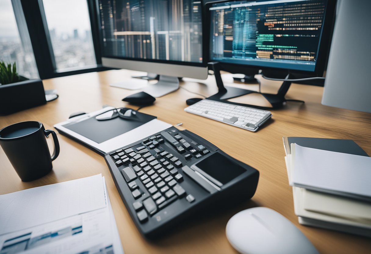 A cluttered desk with a computer, notepads, pens, and various coding books. A bright, modern office with a view of city buildings in the background