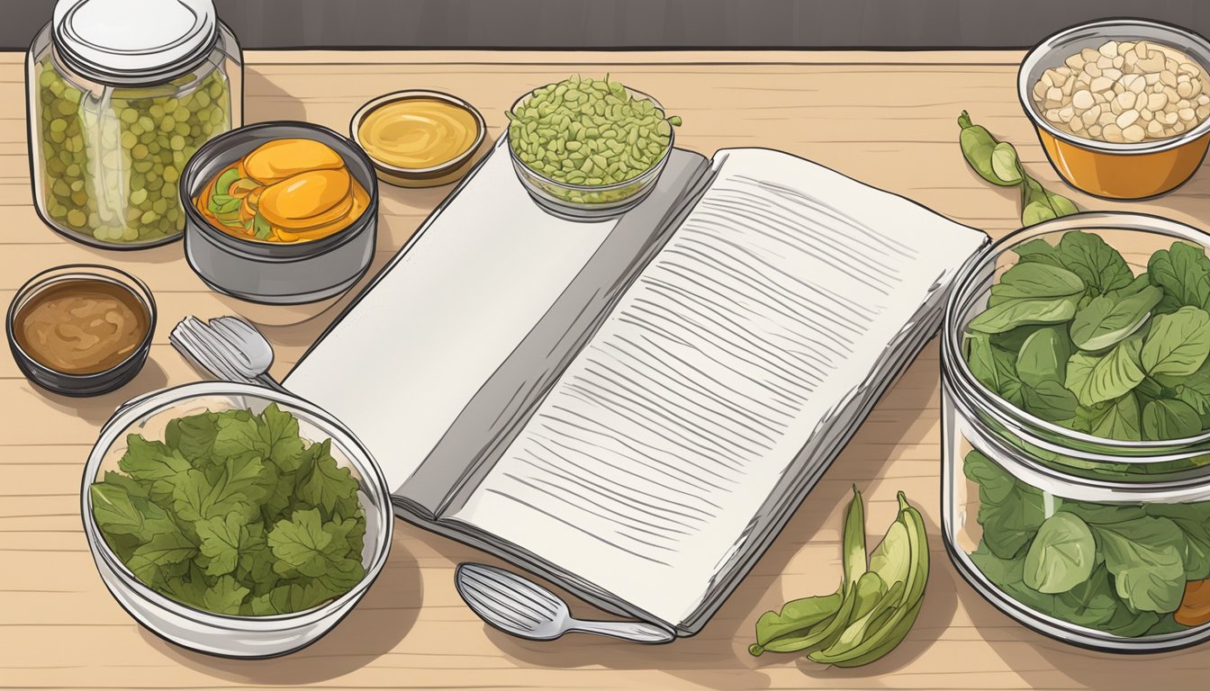 A kitchen counter with canned and dried goods, a mixing bowl, and a recipe book open to a page on creative salad alternatives