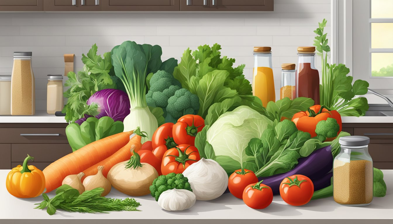 A colorful array of fresh vegetables, herbs, and pantry staples arranged on a clean kitchen counter