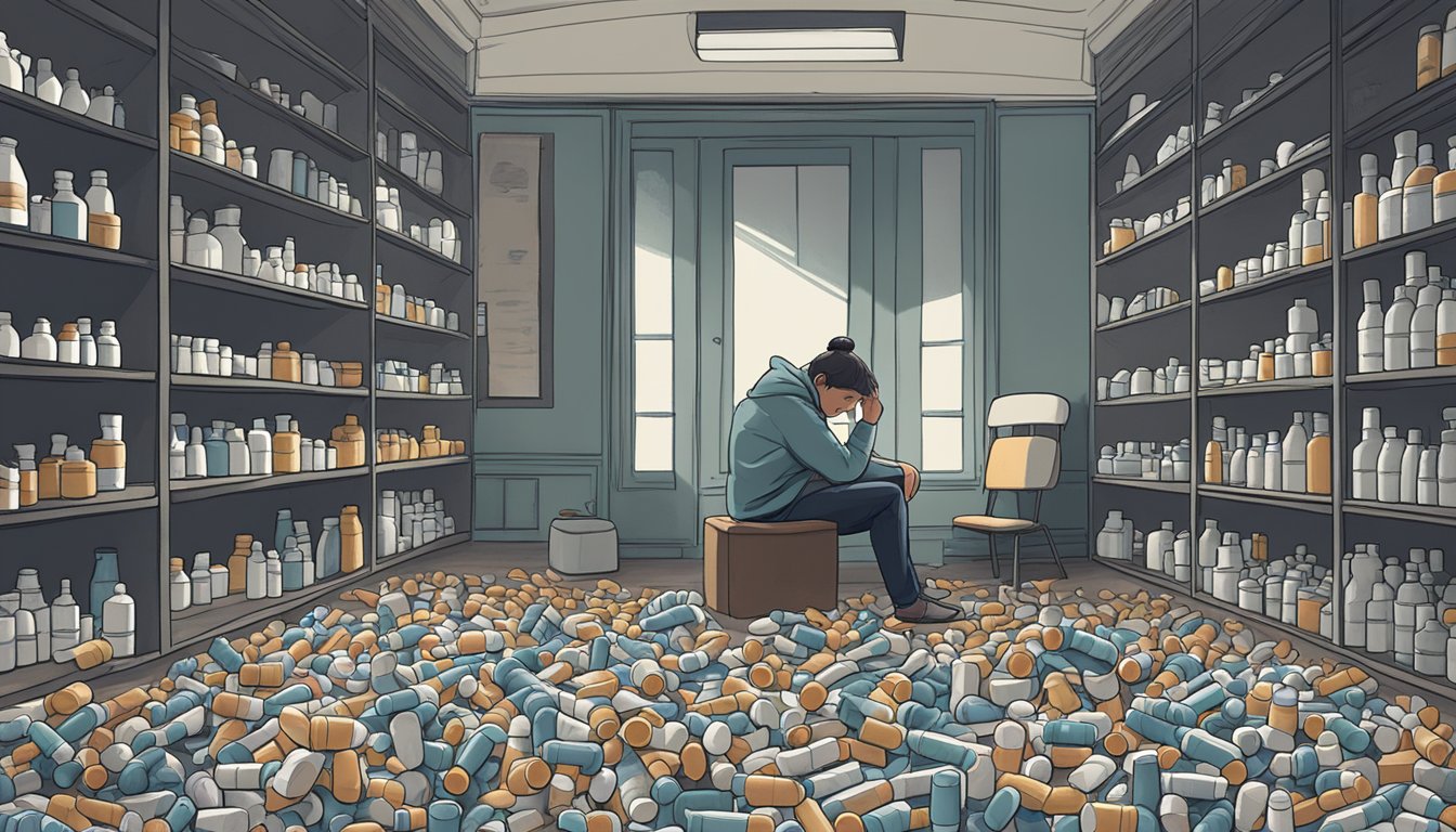 A person sitting alone in a dimly lit room, with their head in their hands, surrounded by empty pill bottles and scattered tissues