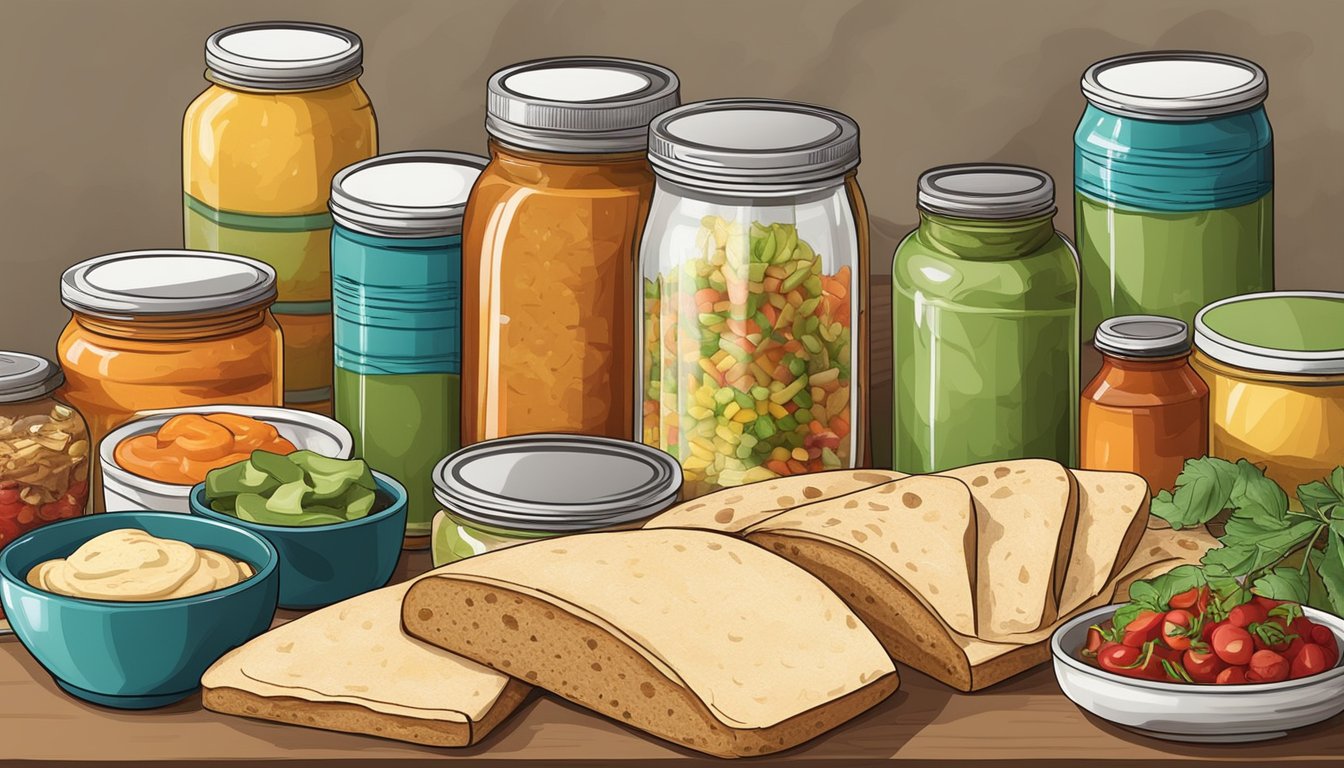 A kitchen counter with an assortment of canned and preserved ingredients, bread, tortillas, and condiments. A cookbook open to a sandwich and wrap recipe