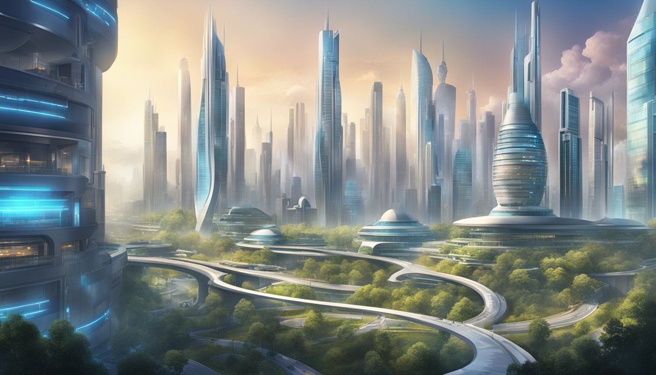 A futuristic city skyline with towering buildings and advanced medical facilities