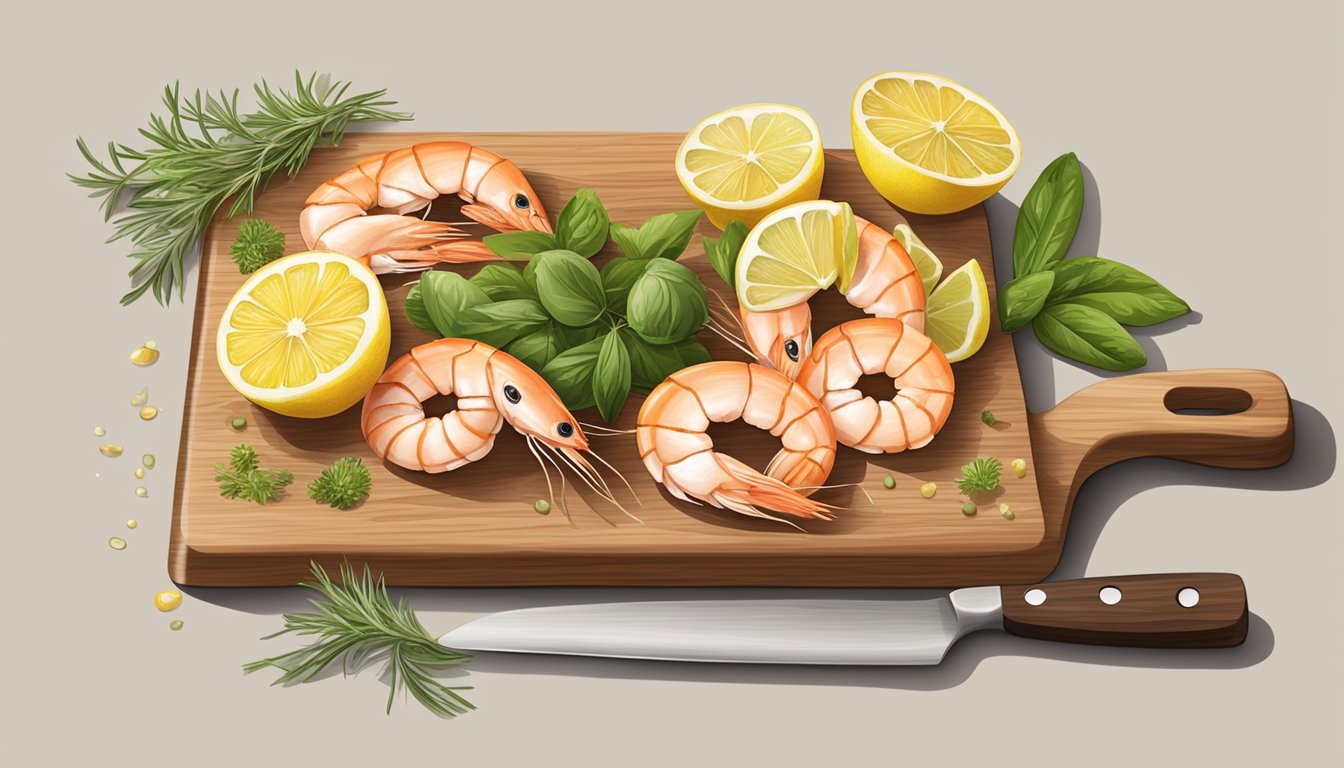 A cutting board with shrimp, fish, lemon, herbs, and olive oil