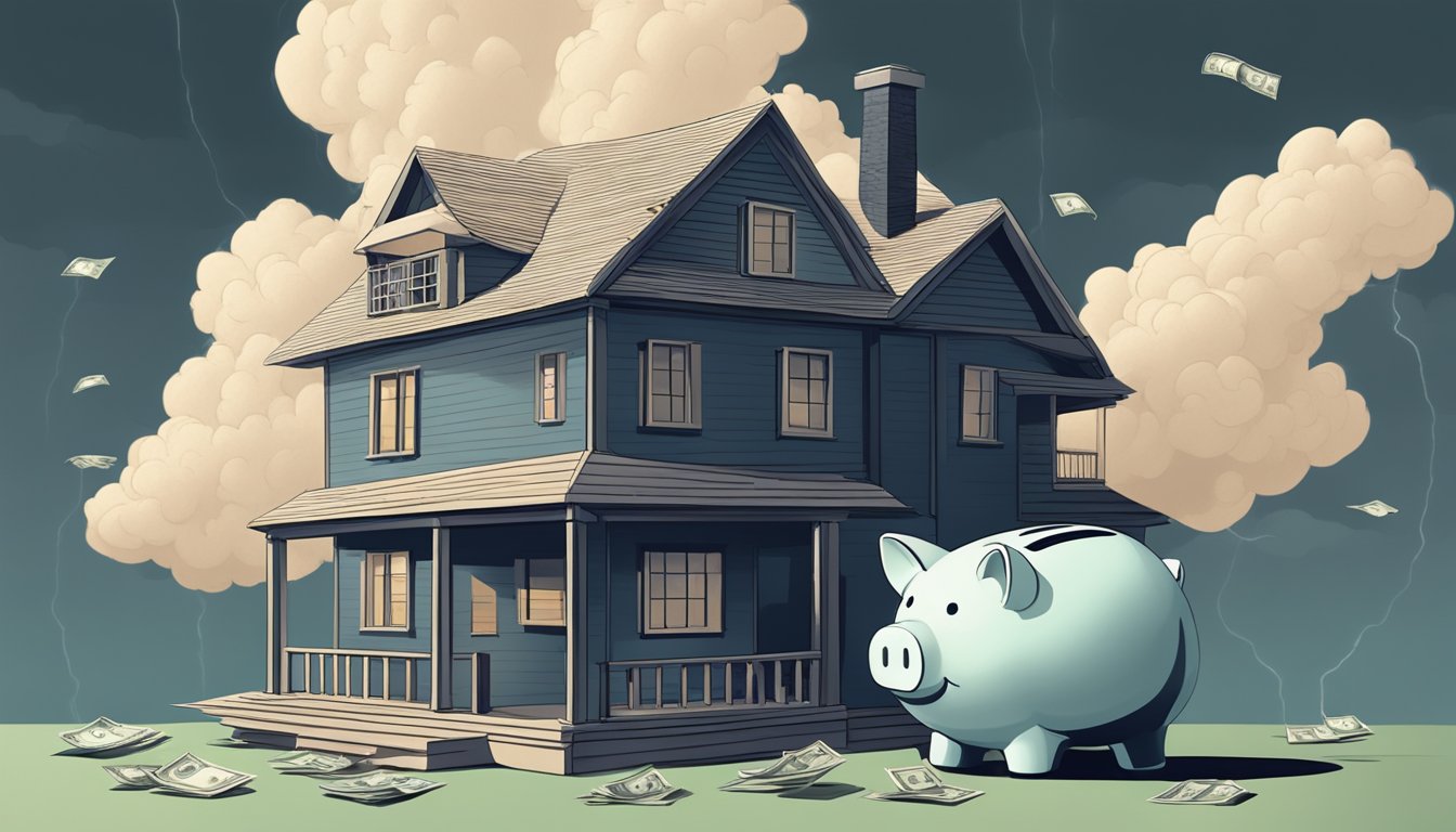 A dark storm cloud hovers over a house, casting a shadow. A cracked piggy bank sits on the table, while a pile of unpaid bills lies nearby