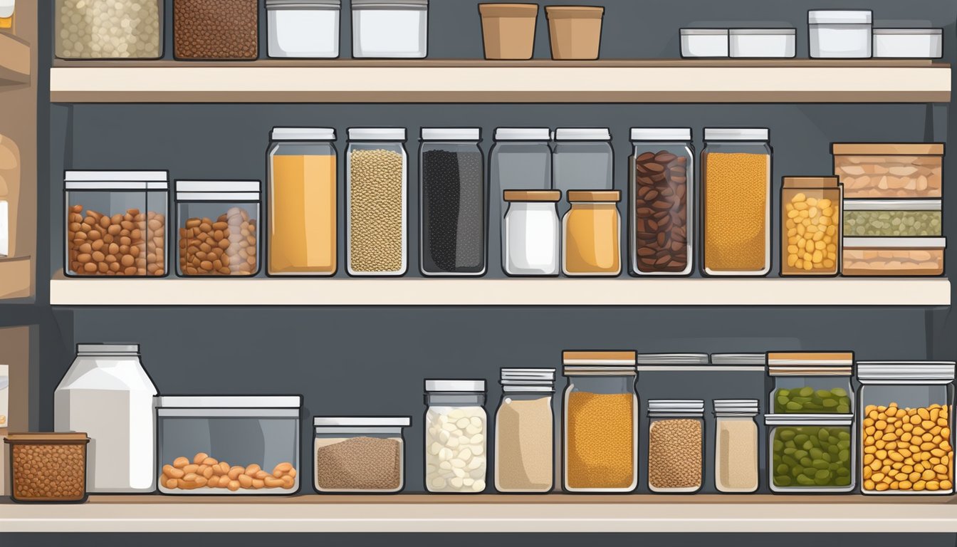 A pantry stocked with canned beans, nuts, seeds, and jerky. A shelf of dried lentils, quinoa, and chickpeas. A fridge with tofu, Greek yogurt, and hard-boiled eggs