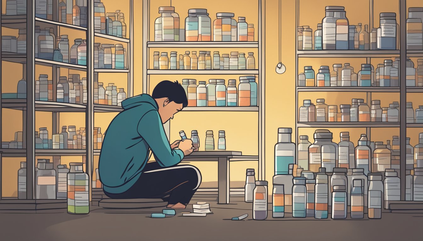 A person sitting alone in a dimly lit room, surrounded by empty pill bottles and a list of critical illness cover options. The person appears to be struggling with depression