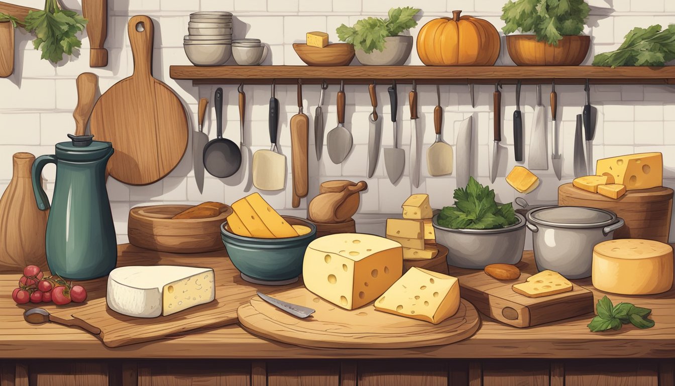 A rustic kitchen with a variety of cheese wheels, cutting boards, knives, and a cookbook open to a page on cheese-based recipes