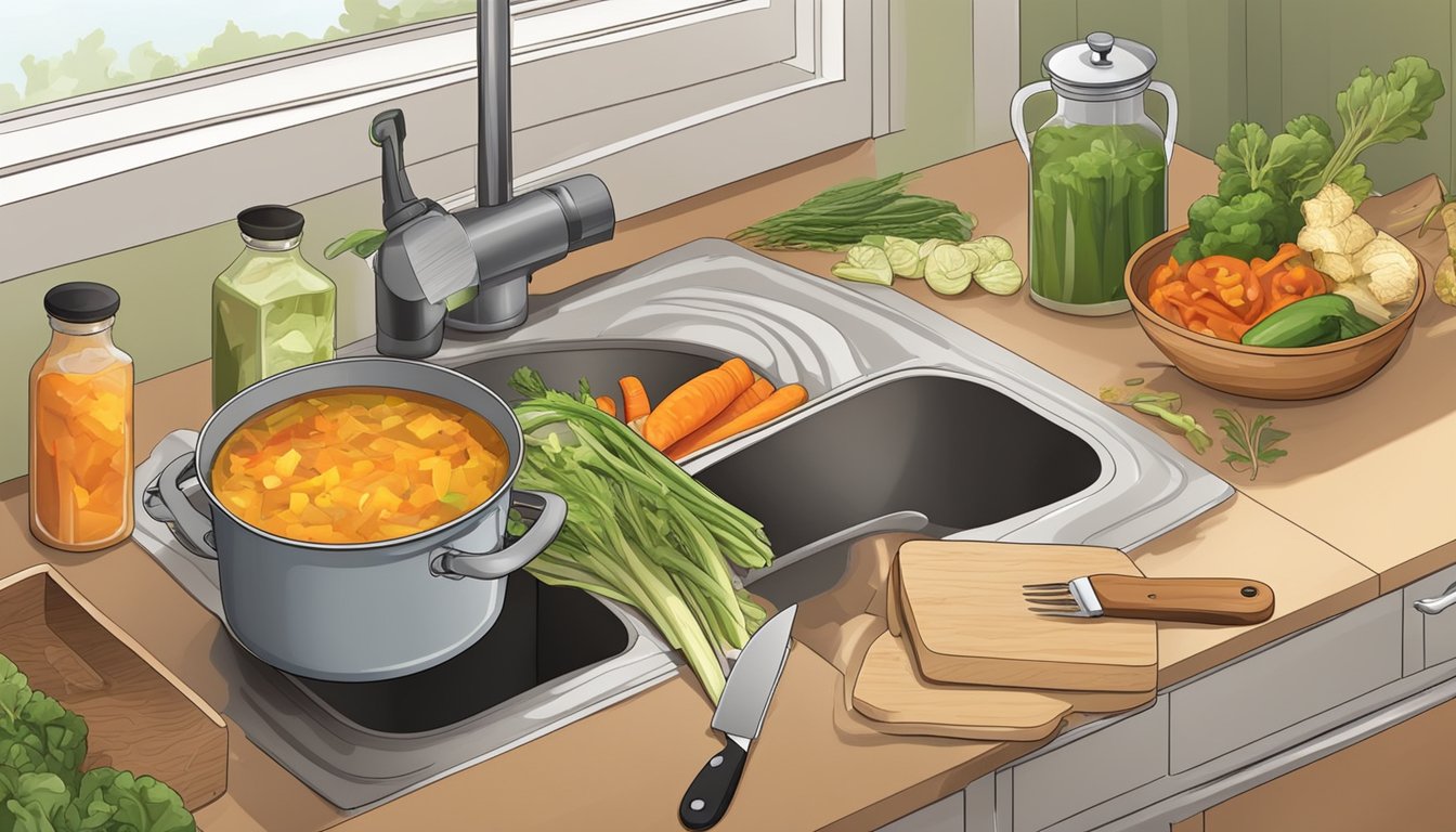 A kitchen counter with a cutting board, knife, and various vegetable scraps in a compost bin. A pot of soup simmers on the stove